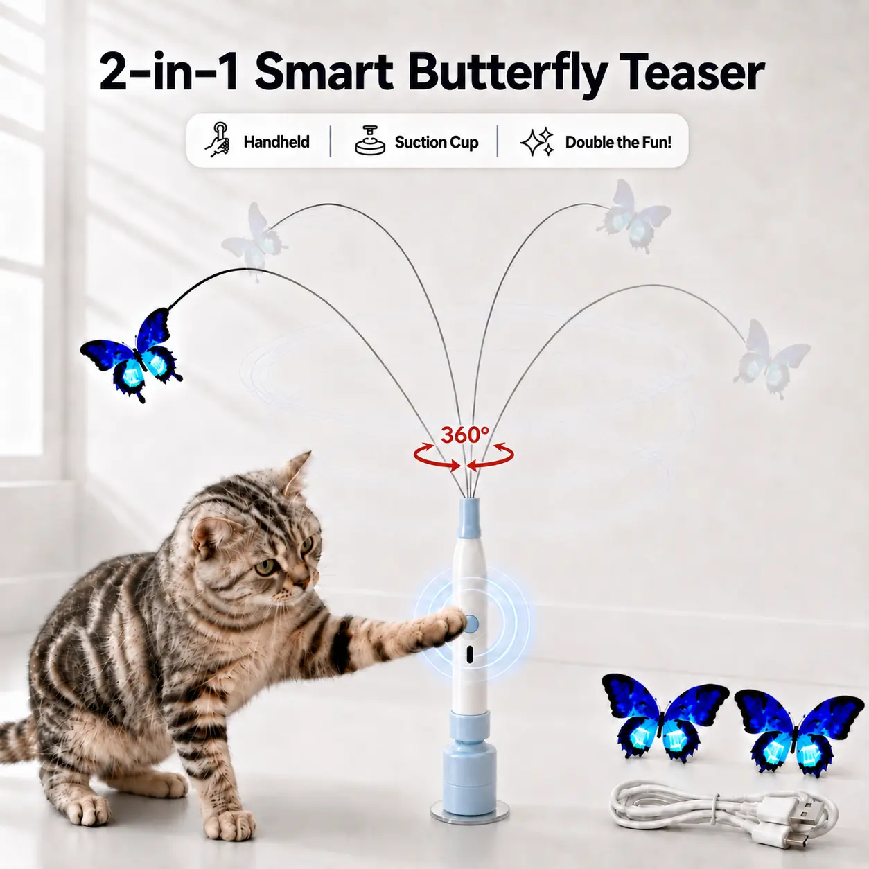 2-in-1 Interactive Spinning Butterfly Cat Toy Wand, USB Rechargeable | Automatic Self-Play & Handheld Mode, Electric Touch Activated Teaser with 360° Flutter, Random Movement, Steel Wire & Heavy Duty Suction Cup for Indoor Cats & Kittens