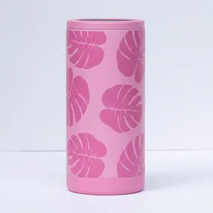 Pink Monstera Leaf Slim Can Coozie