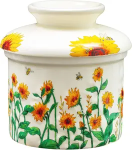 Butter Crock with Lid for Countertop ,  Butter Keeper with Water Line, Embossed Butter Holder for Counter, Butter Dish With lid for Butter Sunflower Kitchen Decor Thanksgiving Christmas Gifts