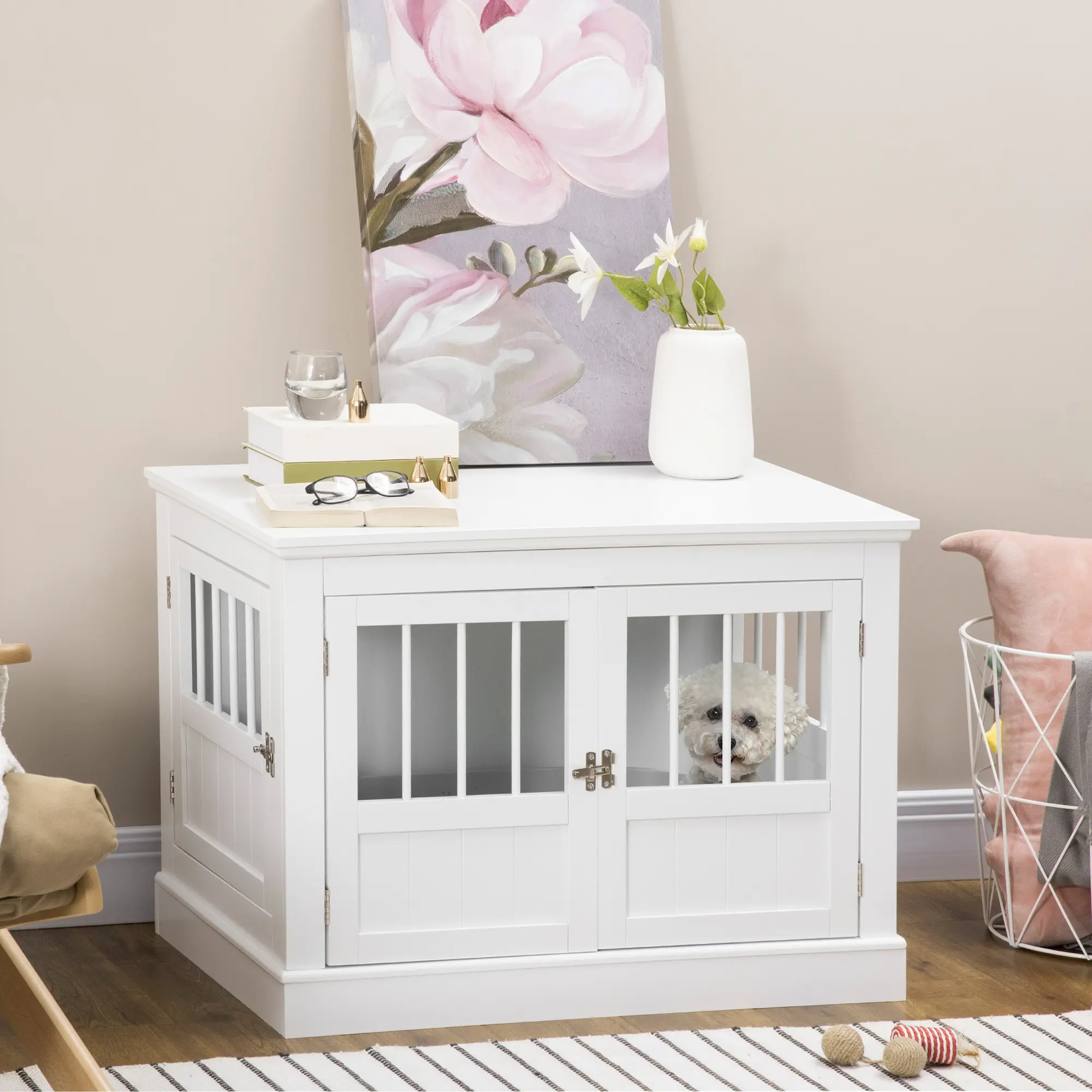 Wooden Dog Crate End Table – White. 2-in-1 Table & Crate. Triple Doors + Fully Opening Side. Magnetic Doors. Fits Small Dogs Under 22 lbs