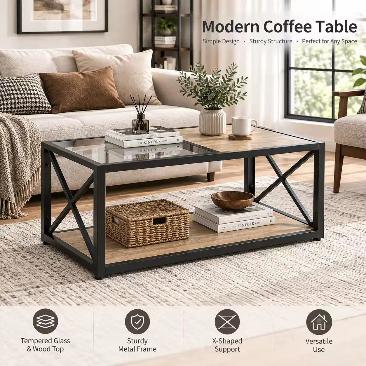 39" Industrial Coffee Table with Half Glass & Half Wood Top, Modern Living Room Center Table with X-Frame Metal Base, Tempered Glass Tea Table for Bedroom, Study