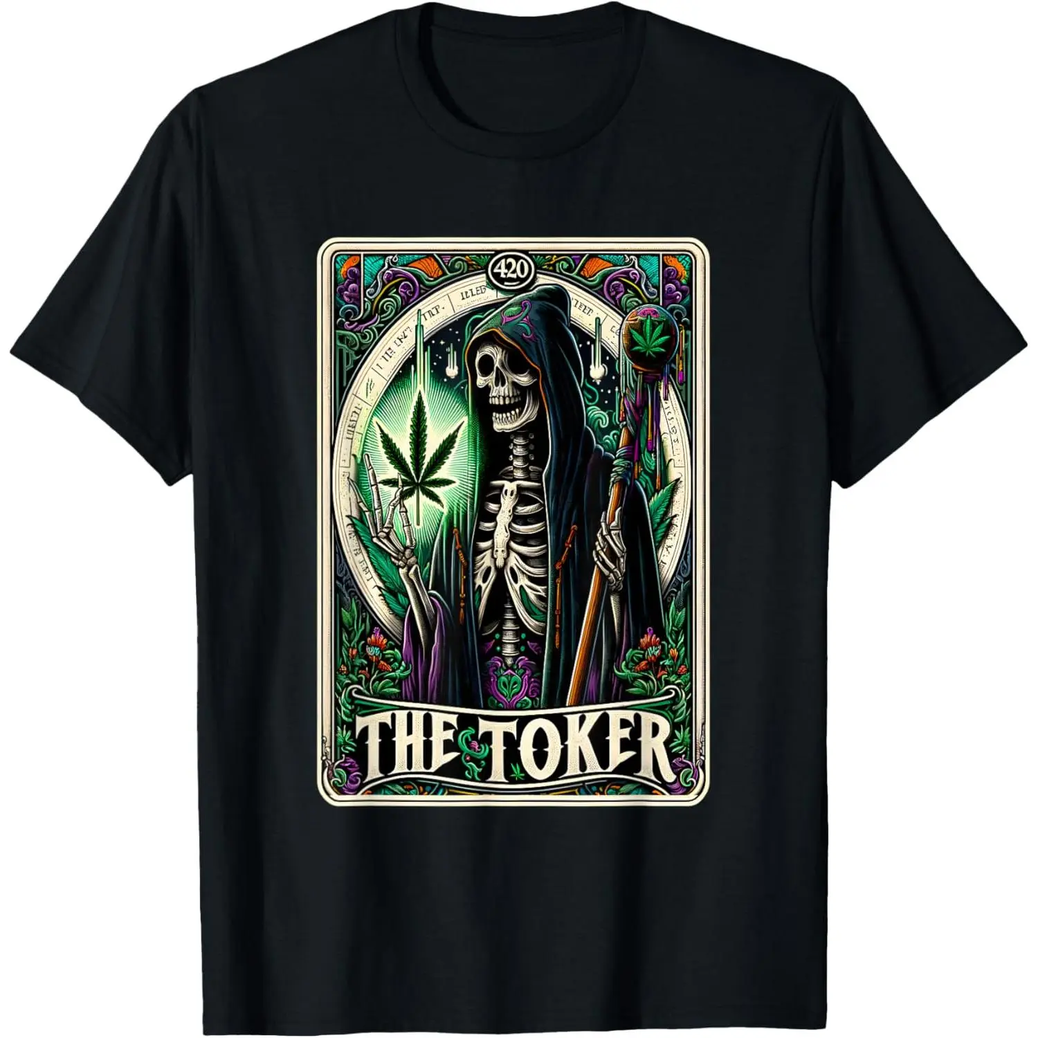 Men's Cotton Short-Sleeve Casual Streetwear T-Shirt - Tarot Card, Toker Cannabis Skeleton, Stoner Weed Goth Design, Made In USA Clothes