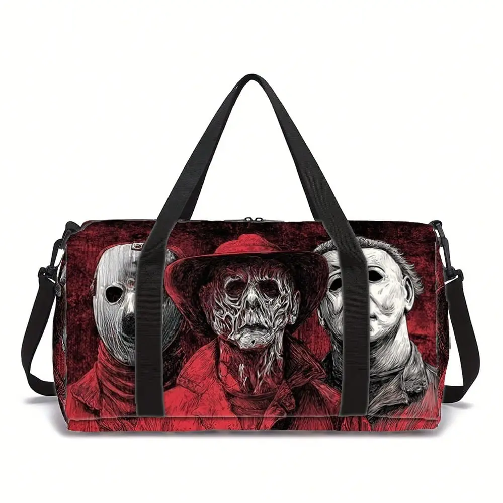 Unisex Horror Print Duffle Bag, Casual Sport Small Gym Bag with Waterproof Cloth, Lightweight Carry-On for Daily Training Yoga & Short Trips, Zip Closure, Duffel Bag