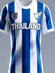 Men's Thailand National Team Football Shirt, Blue Striped Soccer Jersey with Thai Text and Eagle Badge, Breathable Fan Club Uniform, Sportswear Clothing