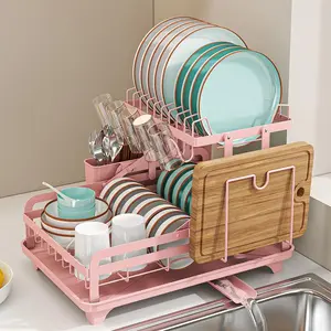 Dish Drying Rack, 2 Tier Dish Drain Basket with Utensil Holder and Adjustable Hooks, Kitchen Counter Dish Storage Rack, Home Organizer for Kitchen, Dish Drainer