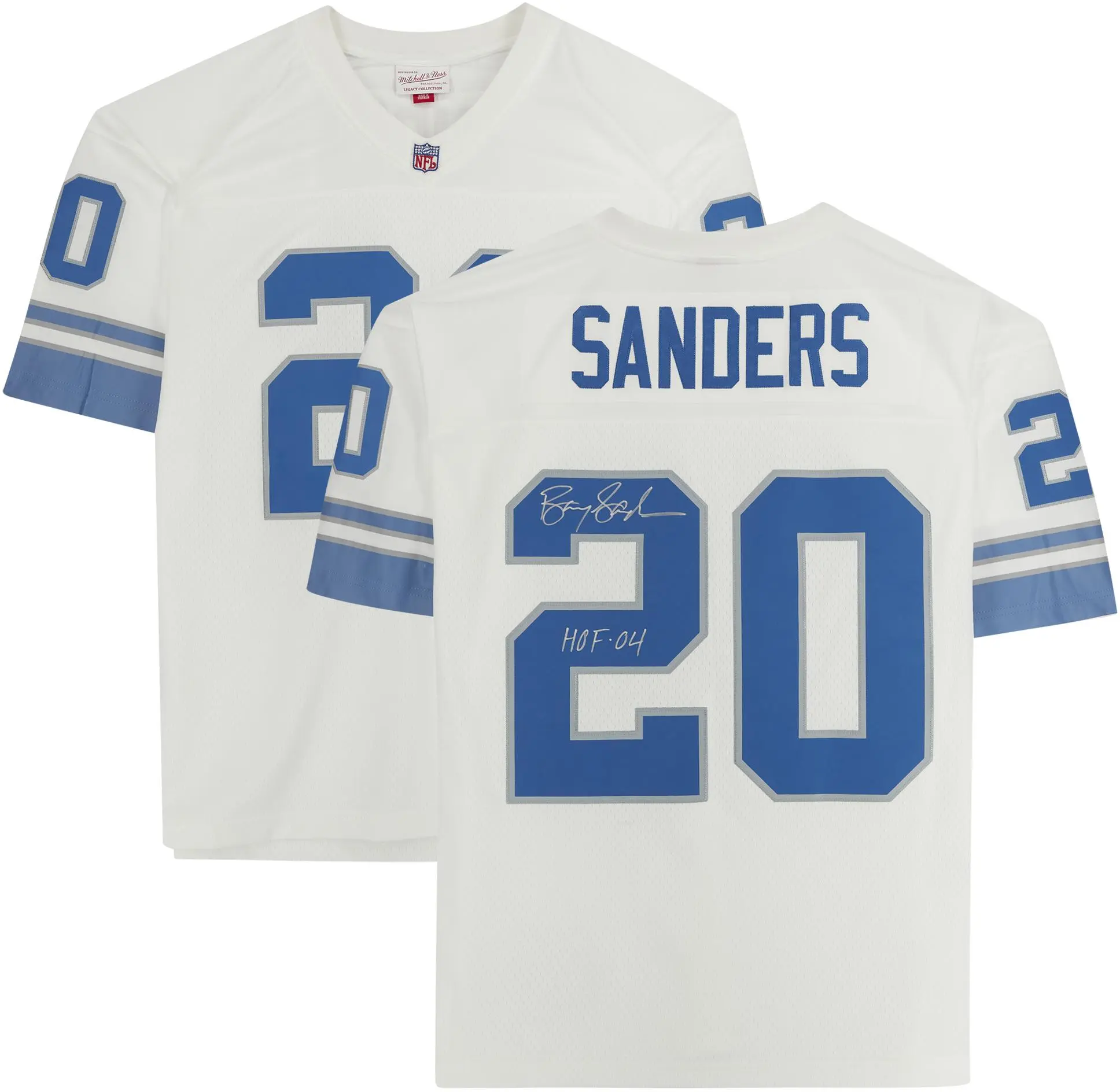 Barry Sanders Detroit Lions Autographed White Mitchell & Ness Replica Jersey with "HOF 04" Inscription - Fanatics Authentic Certified