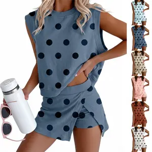 WoodBerry Womens Polka Dot 2 Piece Outfits Summer Lounge Set Tank Top Skort Set Tracksuit with Side Slit & Built-in Shorts