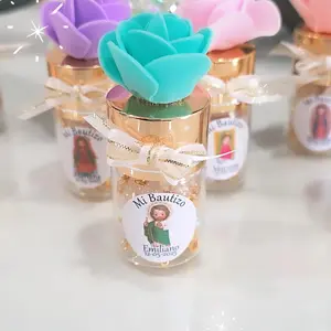 Personalized Glass Bottle with Rosary Inside Elegant Gold Cap Flower Decor gifts for Baptism Communion Parties