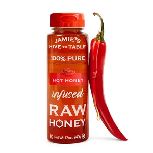 Jamie`s Hive to Table Hot Honey, 12 Oz – 100% Natural Raw Honey Infused with Extra Hot Pepper Extract – Gluten-Free, Non-GMO – Spicy Honey Perfect For Your Pizza, BBQ, Charcuterie, or Cocktails