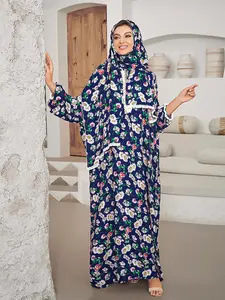 Women's Ditsy Floral Print Long Sleeve Maxi Prayer Dress with Hijab, Casual Elegant Modest Long Robe, Women's Islamic Clothing for All Seasons