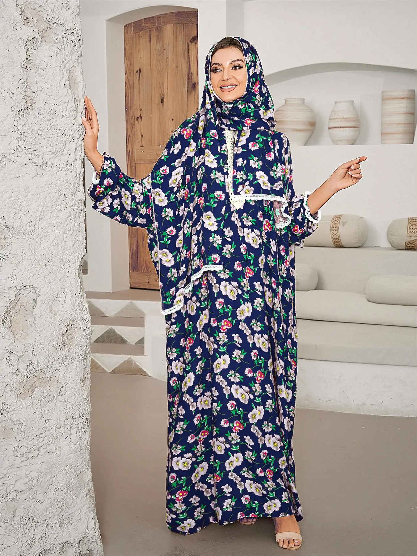Women's Ditsy Floral Print Long Sleeve Maxi Prayer Dress with Hijab, Casual Elegant Modest Long Robe, Women's Islamic Clothing for All Seasons