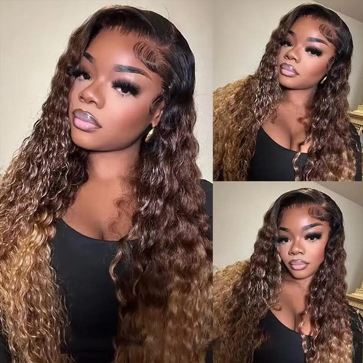 Mamushow 34 Inch Highlight 1B/4/27 Deep Wave 200% Density Lace Front Wigs Human Hair 13x6 HD Lace Frontal Wigs Curly Lace Front Wigs For Women