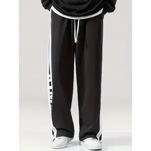 [Machine Washable Sports Trousers] Plus Size Men's Casual Harem Pants - Spring Collection, Relaxed Fit Straight Leg Sports Trousers, Black with White Side Stripe, Polyester & Elastane Blend, Machine Washable, Plus Size Pants, PLUS SIZE