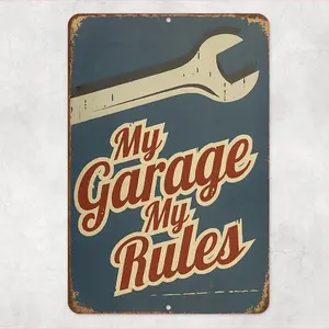 My Garage My Rules Sign – Funny 8x12 Metal Garage Decor, Vintage Mechanic Shop Wall Art, Man Cave Decor, Dad Gift