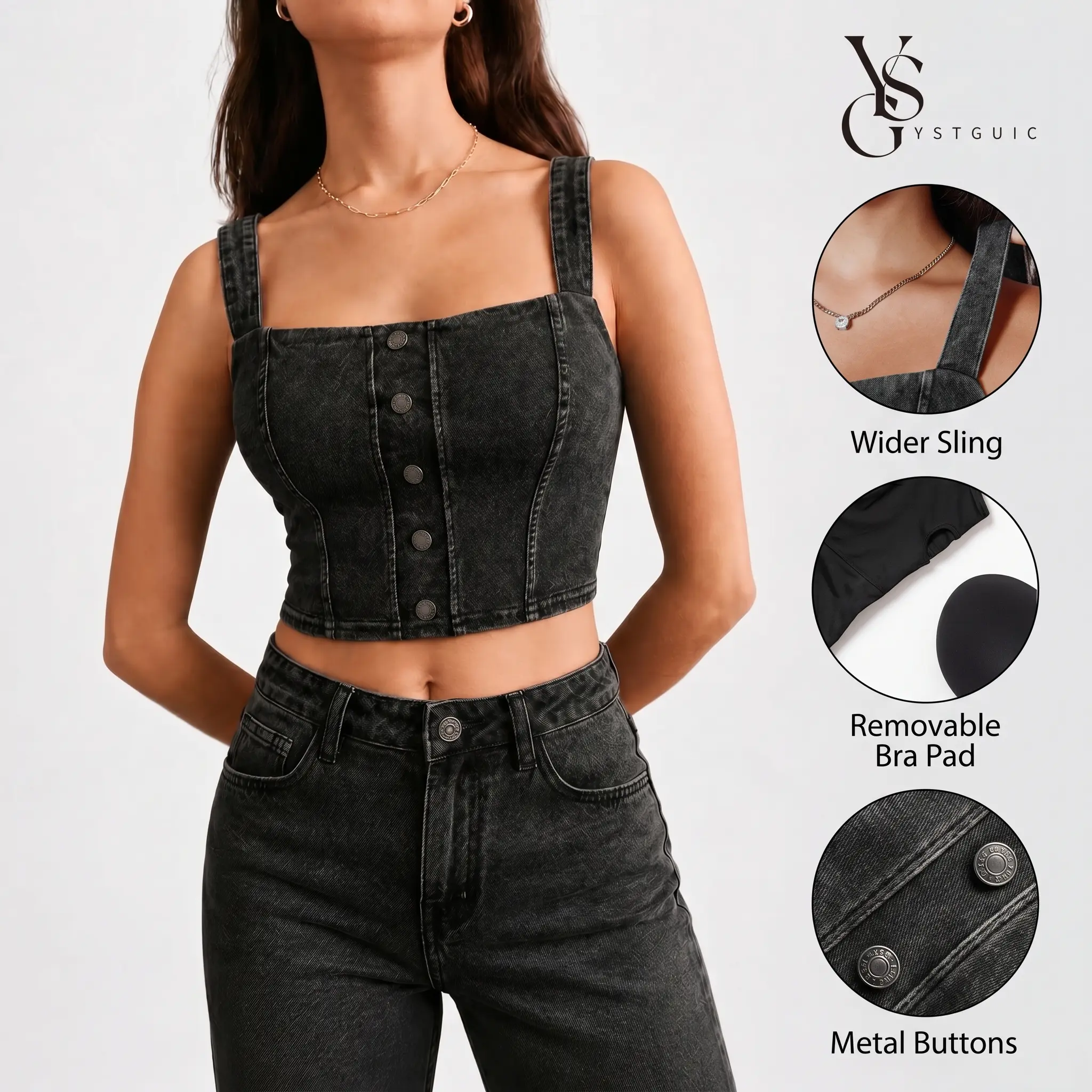 Women's Washed Denim Corset Top, Sleeveless Button Front Bustier with a Square Neck, Minimalist Short Cropped Cami for Summer Festivals Basic Womenswear
