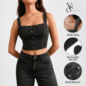 HF260024-Women's Black Washed Denim Crop Cami Top, Button Front Sleeveless Corset Style Bustier