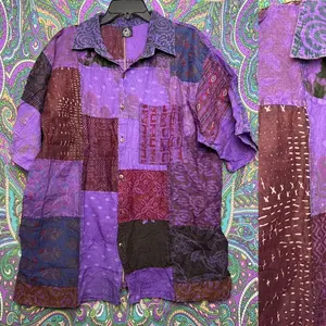 Natural Hippie patchwork mens button up down shirt pockets Unisex Hippy Festival patchy patches cotton