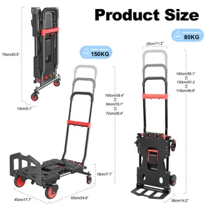 	3 In 1 Folding Hand Truck, 150kg Capacity, Heavy Duty Hand Truck Trolley with Retractable Handle, 4 Wheels, 3 Gears Adjustable Camping Shopping Cart for Moving Items, Luggage, Warehouse