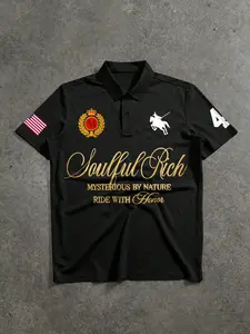 Men's Summer Casual Graphic Letter Print Short Sleeve Golf Polo Shirt, Outdoor Activities & Daily Wear, Classic Fit for Business & Office