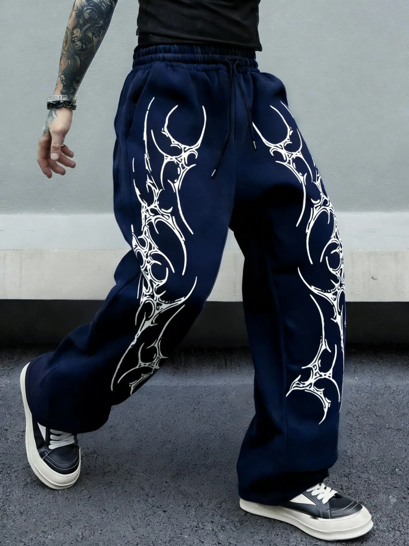 Men's Y2K Dark Aesthetic Graphic Thorn Print Wide Leg Pants, Loose