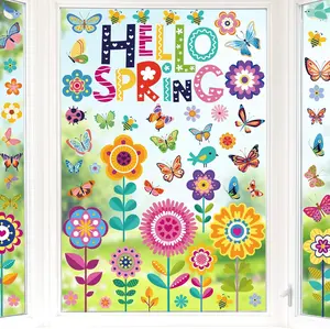 130 PCS Spring Window Clings, 9 Sheets Colorful Spring Decor, Easter Window Decorations with Different-Sized Flowers Birds Bees Butterflies, Flower Window Clings for Glass Mirror Office Decor