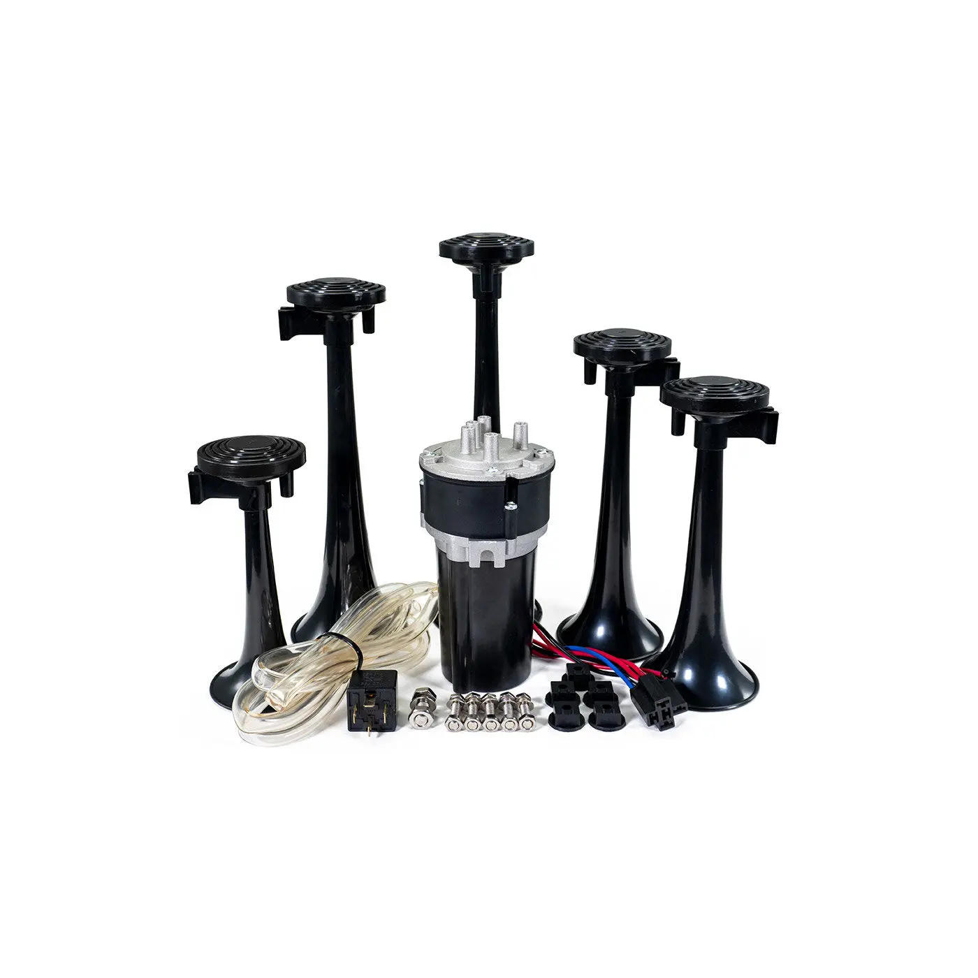 HornBlasters La Cucaracha Musical Electric Air Horn 12-Volt 127.7dB with 5 ABS Trumpets & 40 Amp Relay for Festive Celebrations - Automotive HornBlasters La Cucaracha Musical Electric Air Horn 12-Volt 127.7dB with 5 ABS Trumpets & 40 Amp Relay for Festive Celebrations - Automotive
