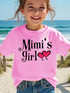 Toddler Girls' Fitted "Mimi's Girl" Cotton Graphic Printed Casual Shirts - Pink Hearts, Short Sleeve Top with Family Love Theme for Beach & Daily Wear