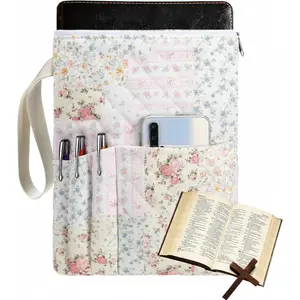 Bible Book Sleeve with Zipper 11" x 9" Padded Protector Washable Quilted Printed Bible Pouch with Handle Pockets, Protective Cover for Book Lovers, Christian Gifts (Spliced Flower)
