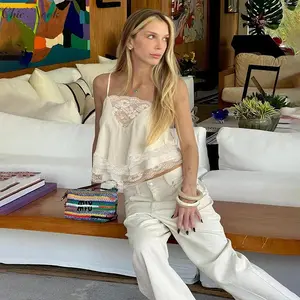 Women Lace Trim Satin Long Flowy Tank Tops Sleeveless Silk Camisole Tops Boho Spaghetti Strap Cami Layering Top