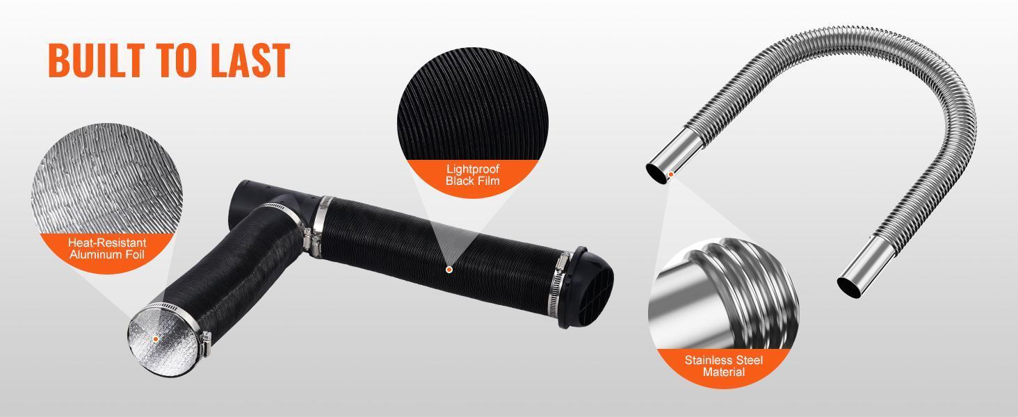 VEVOR Diesel Heater Pipe Ducting Set, TikTokShopBlackFriday, 3" Extendable Air Duct Hose, 1" Stainless Steel Exhaust Pipe, 2 Air Vents, Tee Air Outlet Connector and Hose Clamps, for 2KW/5KW/8KW Diesel Parking Heaters