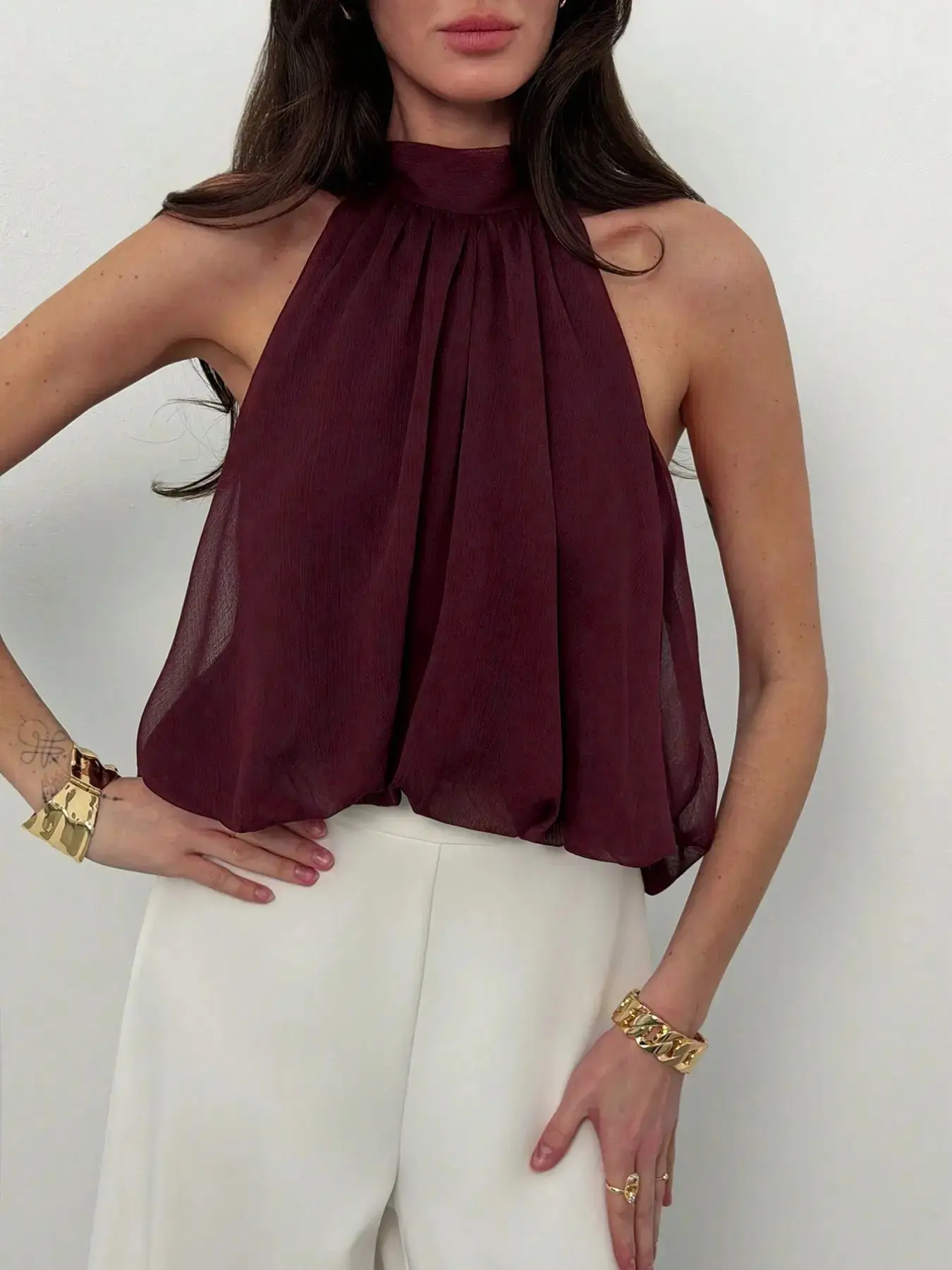 Women's Pleated Back Tie Front Sleeveless Shirt, Casual Office Wear, Slim Fit, Plain Surface, Unlined, Weighted at 88.2g/m²