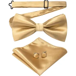 Mens Solid Color Pre-tied Bow Tie and Pocket Square Cufflink Set