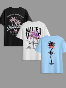 Men's Classic Versatile Letter Tropical Coconut Tree Streetwear T-Shirt 3-Piece Set, Summer Round Neck Short Sleeve Casual Tops for Outdoor Wear, Casual Letters Print, Casual Street Fashion