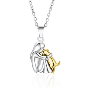 Cute Two Tone Color Girl Hugged Dog Necklace Fashion Women and Pet Pendant Jewelry Accessories Hot