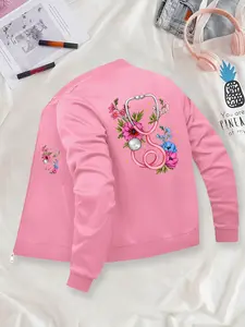 Nurse Floral & Stethoscope Pattern Jacket - Long Sleeve Polyester Knit Fabric with Pockets, Fitted Casual Style for Autumn/Winter, Random Print Pattern Suitable for Young Adults.