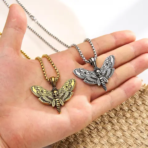 OUFER Gothic Death Moth Skeleton Pendant Necklace - Unisex 316L Non-Tarnish Extra-Long Stainless Steel Chains, Vintage Statement Grunge Goth Alt Fashion Accessories for Daily Wear, Gothic Stainless Steel