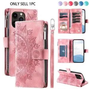 Floral Pattern Foldable Zipper Phone Case with Card Slot, Phone Wallet with Stand & Wrist Strap, Phone Accessories for iPhone 17 16 15 14 13 12 11 Pro Max Plus Air, Cover