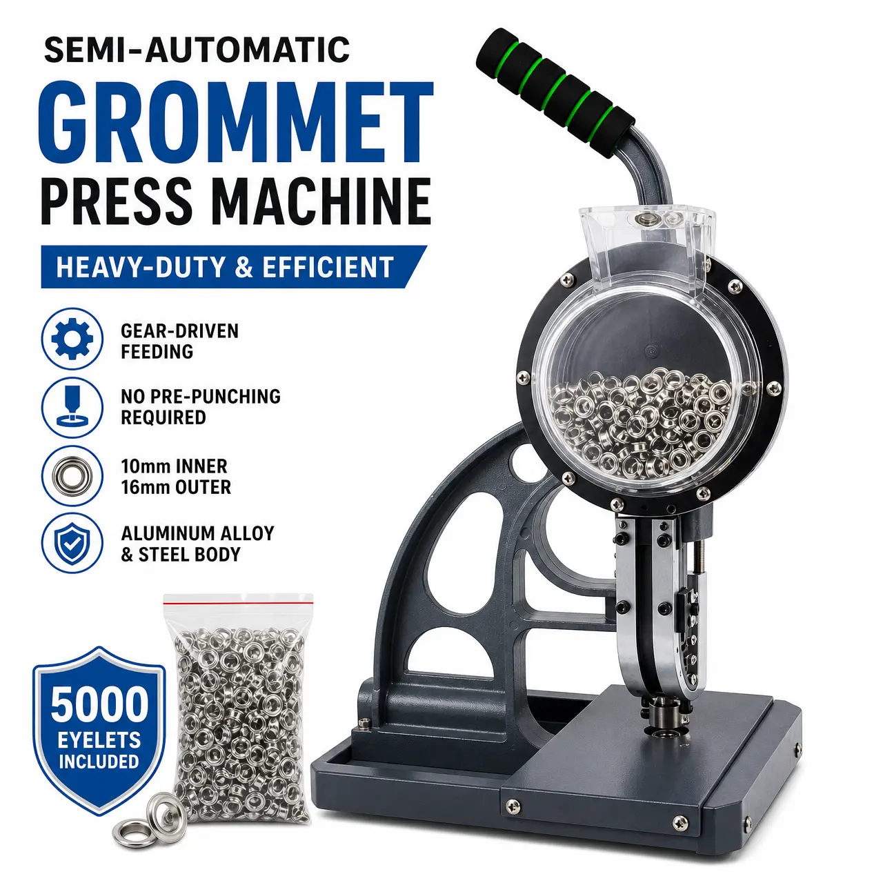 Industrial Grade Grommet Punch Press Kit - Manual Operation with 5000 Eyelets, Alloy Guide Rail, Gear Drive for Fabric, Leather, PVC