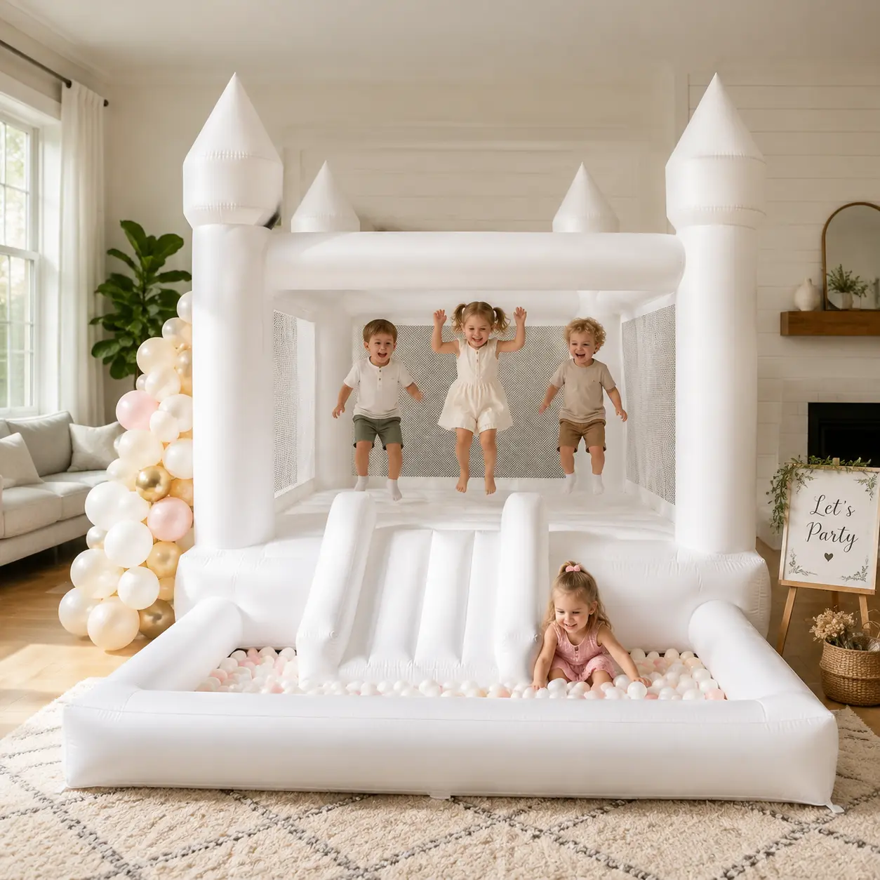 Inflatable White Bounce House White Bounce House Indoor Outdoor Bouncy Castle for Kids  Oxford  Bounce House with Slide & Blower Children's Birthday Party Gifts campingessentials