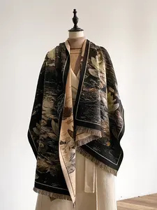 Women's Elegant Thick Striped Floral Print Scarf, Fashionable Woven Shawl for Fall & Winter, Perfect Birthday Gift for Women and Girls