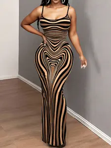 Summer Women's Deep Striped Halter Fish Tail Long Dress, Sexy Fit Bodycon Party Dress, Y2K Style, Perfect for Dates and Parties