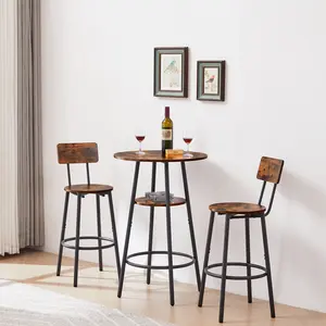 3-Piece Bar Table and Stools Set with Wine Glass Shelf, Space-Saving Pub Table with 13.4" Wide Seat Cushion & Ring Footrest, Industrial Bar Height Dining Set for Small Spaces, Rustic Brown & Black