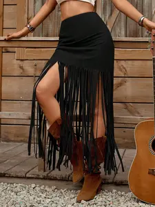 Women's Faux Camel Suede Fringe Hem Mini Skirt, Casual Spring Summer Country Music Festival Wear, Plain Design, A-Line Fit