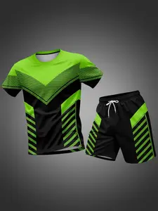 Men's Sportswear Short Set, Breathable Quick-Dry Fabric, Ideal for Football Training & World Cup, Round Neck Tee & Drawstring Shorts, Breathable Activewear