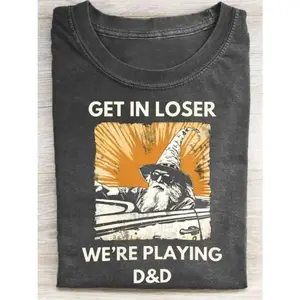 Men's Funny Dungeons & Dragons T-Shirt - Get In Loser We're Playing D&D Graphic Tee - Dark Gray Retro RPG Shirt with Wizard Design