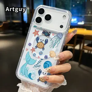Clear Phone Case for iPhone 17 16  Pro Max Plus 15 14 13 12 11 Air E Oceanic Whimsy Art  Pattern Magnetic Sunction Acrylic Back Full Body Protective Cover