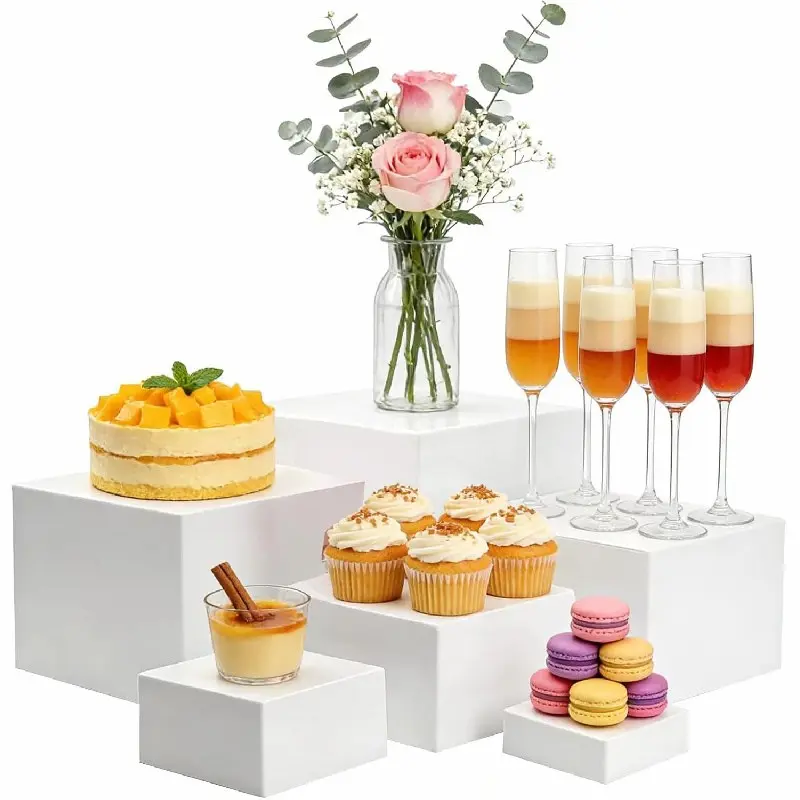 6pcs Buffet Risers, Food Risers for Buffet Table, Display Stand Shelf for Catering Dessert Collectibles Jewelry Figures Show, Acrylic Cube Display Nesting Risers with Hollow Bottoms 5"6"6.8"7"7.5"8"