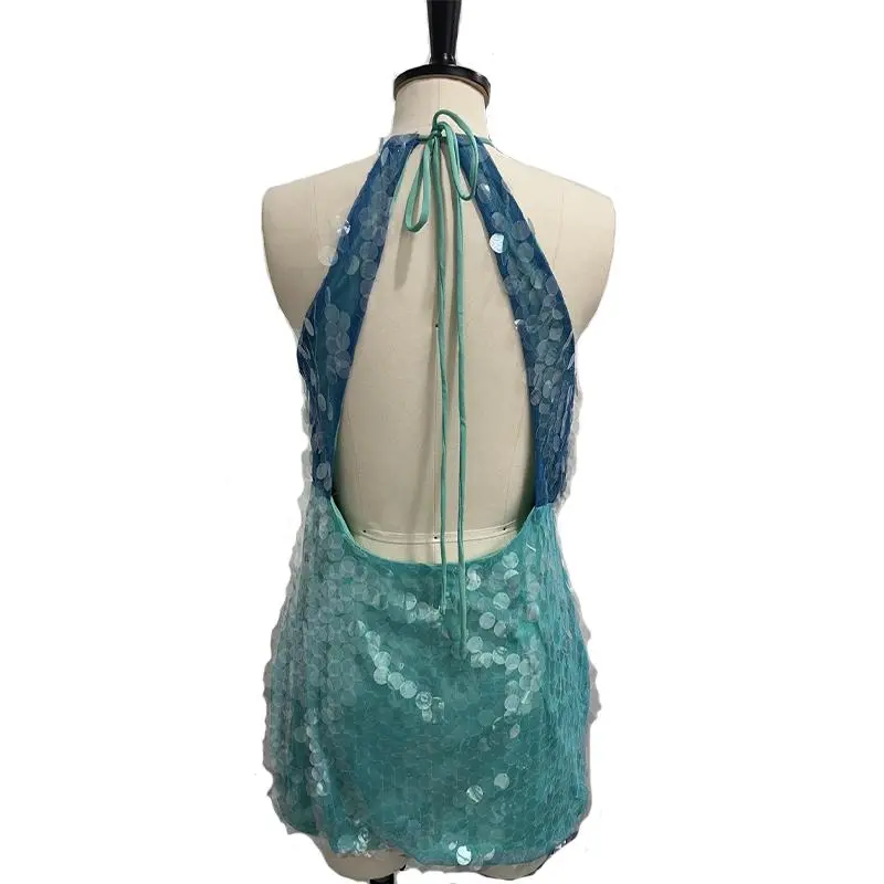 2025 New Arrival Backless Extreme Cowl Deep Neck Halter Mini Dress For  Night Evening Blue Green Ombre Blend Sequin Dress - TikTok Shop