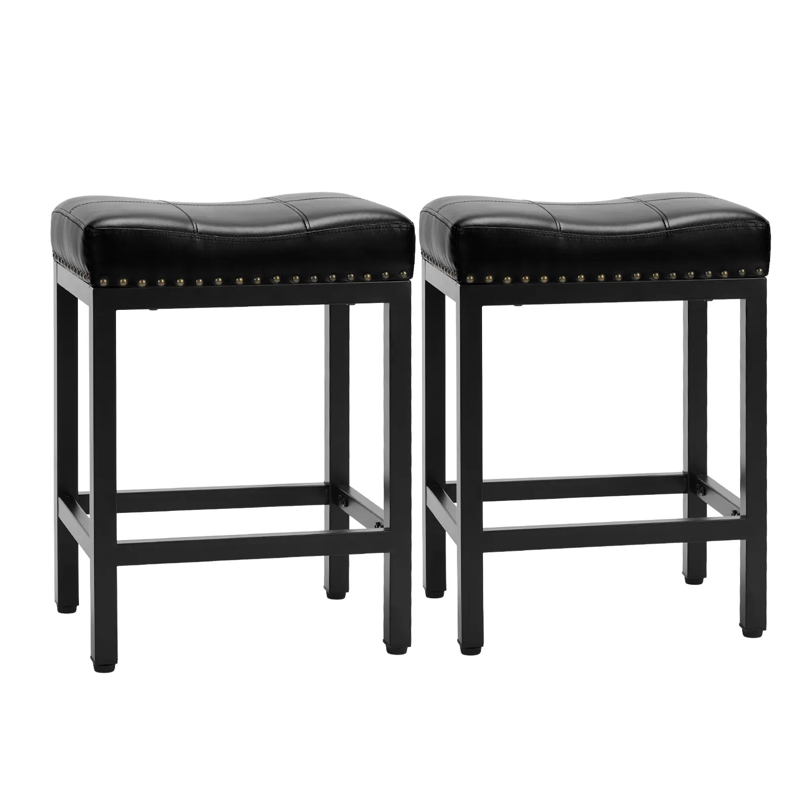 Sweet Furniture-Bar Stools Set of 2, 24 inch Counter Height Bar Stools, Upholstered Modern Kitchen Barstools with Metal Base, PU Leather Saddle Stools