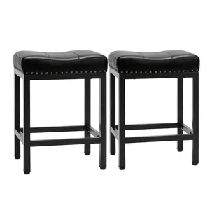 Sweet Furniture-Bar Stools Set of 2, 24 inch Counter Height Bar Stools, Upholstered Modern Kitchen Barstools with Metal Base, PU Leather Saddle Stools